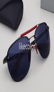 Rimless sunglasses driving glasses racing style metal and nylon fiber frame shield logo red yellow rubber temple hole detail desig5885044