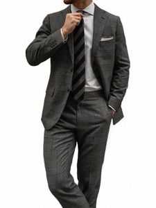 dark Gray Plaid New Design Men Suit Cuatom Made 2 Pieces Blazer Pants Single Breasted Gentle Wedding Groom Causal Prom Tailored 30Qm#