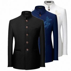 chinese Style Embroidered Blazer Men's Busin Casual Dr Coat Fiable Slim Fit Suit Jacket Red Black Navy Yellow White 31DV#