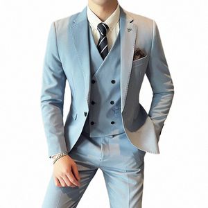 men Double-breasted Blazers 3 Pieces Sets Luxury Suits Elegant Wedding Dr Formal Busin Full Vest Pants Classic Jackets 19nR#