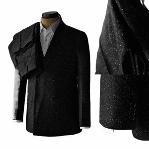traje negro brillante para hombre, Blazer hecho a medida de 2 piezas, pantales de doble botadura, Slim Fit, Formal, informal, de ncios, para fi m9K8#