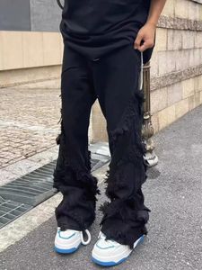 Jeans da uomo American High Street nappe cuciture bordi Hiphop pantaloni lunghi retrò dritti leggermente svasati