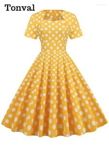 Vestidos de festa Tonval Amarelo Elegante para Mulheres Cintura Alta Rockabilly Vintage Swing Dress Manga Curta 2024 Roupas de Verão Polka Dot