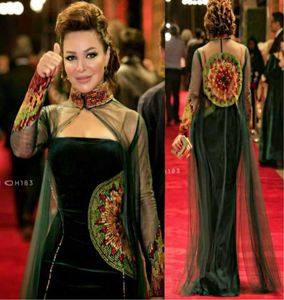 2017 Dark Green Celebrity Dresses Sheath Straspless Velvet Beaded Embroidery Evening Gowns with High Neck Tulle Beaded Illusion Lo7546115