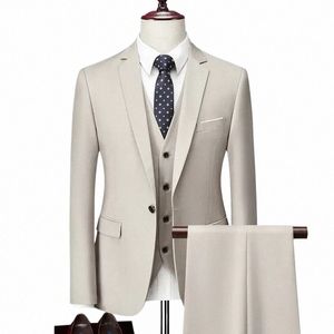 men Busin 3 Pieces Suits Sets / Male Groom Wedding Banquet Solid Color High End Custom Large Size Brand Blazers Jacket Coat M7nv#