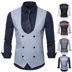 Terno Colete para Homens New Casual Busin Estilo Britânico Voltar Padrão Costura U-pescoço Cavalheiro Trespassado T6sZ #