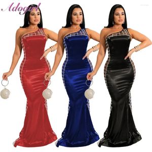 Vestidos casuais elegante diamantes sheer malha retalhos um ombro até o chão maxi vestido mulheres sexy backless ver através do clube de noite