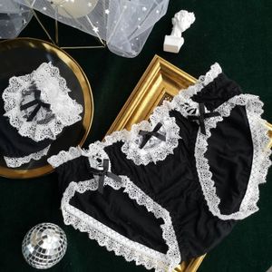 Japonês modal roupa interior preto e branco menina rendas meados de cintura roupa interior de algodão bonito feminino kawaii lingerie calcinha sexy 240320