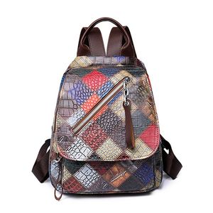 Mochila de textura de couro macio bolsa feminina patchwork cor contrastante bolsa de viagem