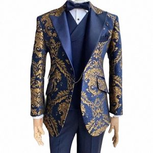 Jacquard Bräutigam Smoking für Hochzeit 2024 Slim Fit Floral Männer Anzüge Gentleman Jacke mit Weste Hosen 3 Stück Fi Kostüm 66aV #