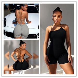 2024 Designer Sexy Backless Macacões Mulheres Verão Halter Macacões Bandagem Sólida Playsuits One Piece Bodysuits Night Club Wear Roupas por atacado 10853