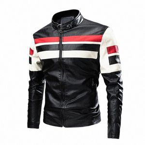 Herbst Winter Herren Lederjacke Lokomotive Motorrad PU Streifen Nähte Punk Bike Windjacke Bomberjacke verdicken Mantel Y9V1 #