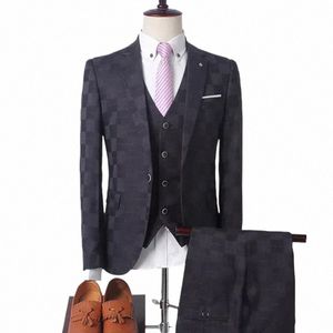 Plaid Suit Men Blazer Vest Pants Busin British Style Wedding Dr Banquet High End Slim Fit Jacket Trousers 3 Piece Set R22U#