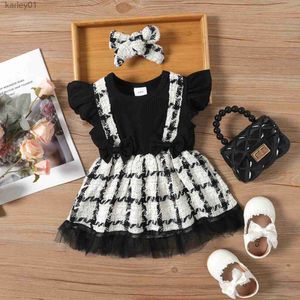 Girl's Dresses 0-3 Years Old Summer New Baby Girl Flying Sleeve Stitching Plaid Mesh Side Bandana Foreign Dress yq240327