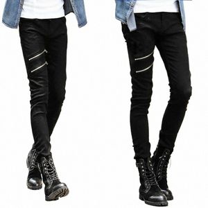 Partihandel 2021 Men's Fi Thin Double Zipper Skinny Jeans män kläder för tonåringar pojkar jeans streetwear byxor män 28-34 w1xw#