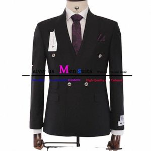 black Solid Color Men Suits Double Breasted Suit For Men Shawl Lapel Blazer Pant 2 Piece Daliy Busin Male Suit Smoking Hombre u6LV#