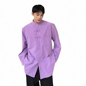 Uomini Cinese Butt Stand Collare Lg Manica Allentata Causale Vintage Fi Camicia Maschile Streetwear Dr Camicie Cappotto J5AM #