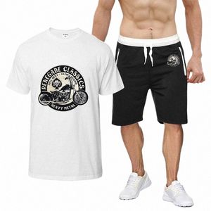 メンズ半袖セット夏のヴィンテージグローリーバウンドオートバイUSAプリント高品質のコットTシャツショーツスーツ2PCSスポーツウェアV5VT＃