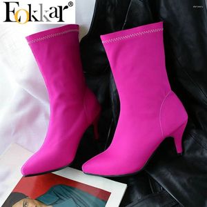 Stiefel EOKKAR Rosa Kitten Heel Stretch Knöchel für Frauen spitze Zehen elastische Booties Königsblau Schuhe niedrig