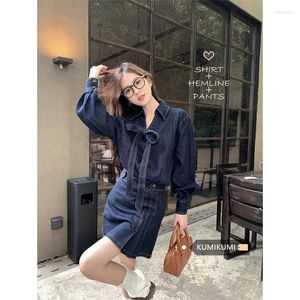 Work Dresses Sweet Girl Denim Suit For Women's Autumn And Winter Bow Turn-down Collar Shirt High Waisted Mini Skirt Fashion Two-piece Set
