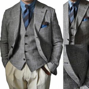 Plaid Houndstooth Men passar skräddarsydda 2 stycken Blazer Vest Modern Single Breasted Winter Busin Wedding Groom Prom skräddarsydd X6EC#