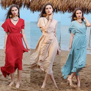 Sukienki na imprezę 2024 Summer Kobiety szyfonowe sukienki czysty kolor w dekolcie marszczenia plaży długie eleganckie damskie ubrania z wysokiej talii