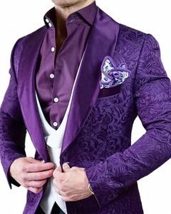 Eleganckie męskie garnitury 2024 Włoski projekt niestandardowy Purple Jacquard Smoking Tuxedo Kurtka 3 -częściowe garnitury ślubne dla mężczyzn Z033#