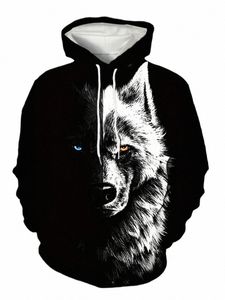 Wolf and Tiger 3Dプリントメンズクリエイティブフード付きスウェットシャツ男性のための秋と冬のロープストラップパーカーポケット481J＃