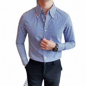 brand Clothing Men Spring High Quality Busin Dr Shirts/Male Slim Fit Fi Plaid Lapel Lg Sleeve Shirts 4XL-M 7515#