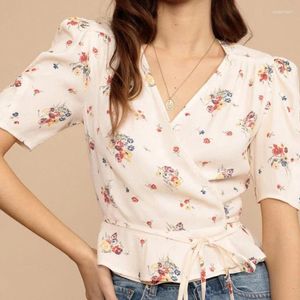 Blusas femininas cintura ligação quebrar estilo superior manga curta feminino 24 primavera/verão flores fragmentadas com decote em v envoltório em torno da camisa