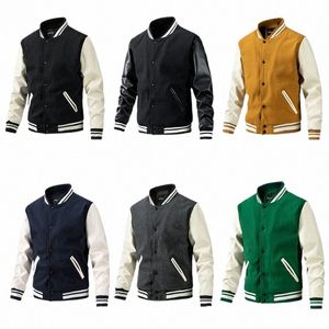 jacket Men's Autumn And Winter Baseball Jacket Men's Woolen PU Sleeve Men's Jacket Casual Clothing Outwear 99x4#