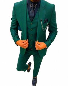 Casamento Homens Ternos Único Breasted Pico Lapela Blazer Verde / Azul 3 Peças Jaqueta Colete Calças Elegante Noivo Busin Traje Homme e4vP #