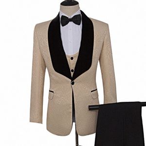 skräddare kostymer blazer tryckt brudgummen smoking sjal lapel groomsman kostym beige bröllop kostym anpassad människa dräkt jacka+byxor+väst a0qj#