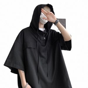 5 Colors Summer Hooded T shirt Men Korean Half Sleeve Pullover Streetwear Loose T-shirt Tops Drawstring Men Clothing 5XL-M D6cR#