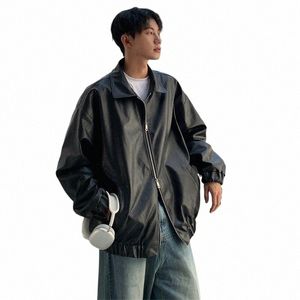 2023 Men's Casual Texture PU Leather Jacket High Street Zipper Turn-down Collar Solid Color Lg Sleeve Retro Coat Autumn M-3XL J0sp#