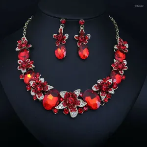 Necklace Earrings Set Dubai Wedding Rhinestone Crystal Statement Bridal Fashion Women Red Gem Stone Choker Bibs Nigeria