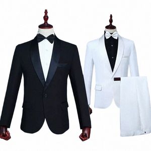 Elegant solid färg full set 2-stycken män passar för bröllop kostymer bankett värd dans prom mäns kostymer kör prestations sångare set m2p8#