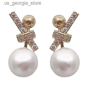 Charm Stud Earrings Geometric Cubic Zirconia Large White Pearl For Women Banquet Party Jewelry Accessories Gift Y240327