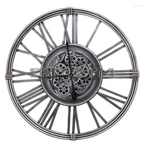 Wall Clocks 80cm Clock With Moving Gears Large Industrial Style Antique Silver Metal Roman Numeral