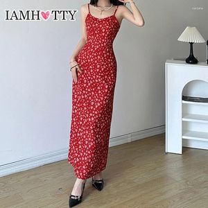 Casual Dresses Iamty Boho Eesthetic Floral Print ärmlös lång klänning Kvinnor Coquette Backless Maxi Sundress Beach Holiday Party