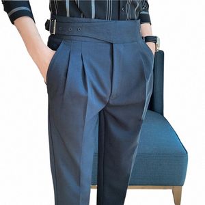 british Style Mens High-waisted Slacks Belt Design Solid Color Slim Trousers Formal Office Social Wedding Party Dr Suit Pants b2cv#