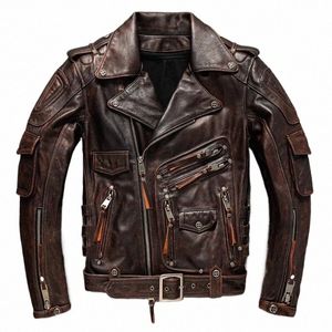 Куртка из воловьей кожи с верхним слоем в стиле ретро, коричневая мотоциклетная куртка из телячьей кожи, мужская тонкая кожаная куртка для тяжелой промышленности K2GL #