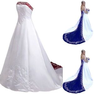 Vestidos de casamento bordados vintage com cor vermelha 2024 Strapless cetim uma linha país vestidos de noiva rendas até plus size rockabilly gótico vestido de noiva medieval mariage