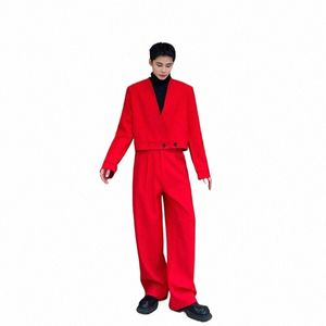 Noymei Red Short Blazer V-neck Straight Wide Leg Suit Pants Men's Two Pieces Set All-match Trendy Estilo Coreano Outono WA2579 z0Pf #