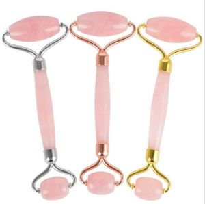 Natural Tumbled Chakra Rose Quartz Carved Reiki Crystal Healing Gua Sha Beauty Roller Facial Massor Stick with Alloy GoldPlated1929943
