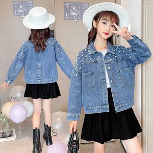 Giubbotti Ragazze Adolescenti Cappotti di Perle Per I Bambini Denim 2024 Autunno Casual Manica Lunga Abbigliamento Per Bambini Scuola Della Tuta Sportiva 6 8 10 12 13Y