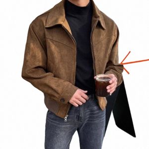 men's elegant solid dark Brown coat, spring high end, American vintage Cargo jacket, suede N6W9#