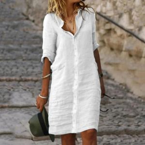 Vintage bomullslinne skjorta klänningar för kvinnor sommar halv ärm lös lapelklänning damer casual semester knä längd mantel 240327