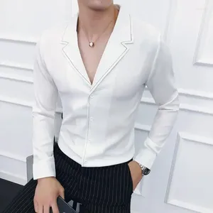 Camisas casuais masculinas 2024 moda v pescoço fino ajuste outono homens vestido de manga comprida streetwear / listrado camisa de impressão roupas sociais