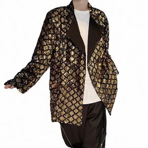 FI Gold paljetter Glänsande Blazers Herrkvinnor High Street Nightclub Causal Loose Ccert Suit Män överrockar manliga kläder Q8HP#